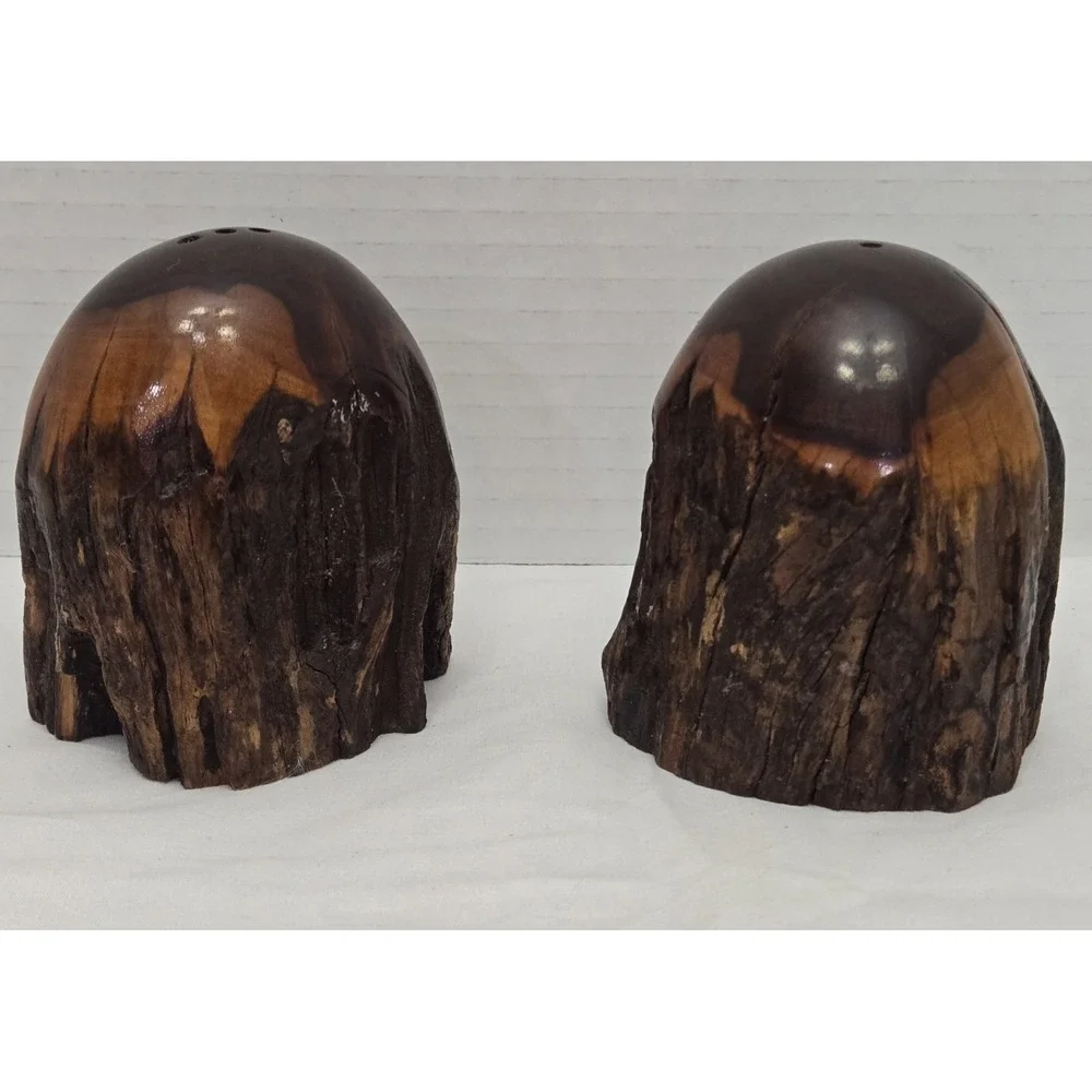 Vtg Handcrafted MCM California Redwood Tree Bark Live-Edge Salt/Pepper Shakers